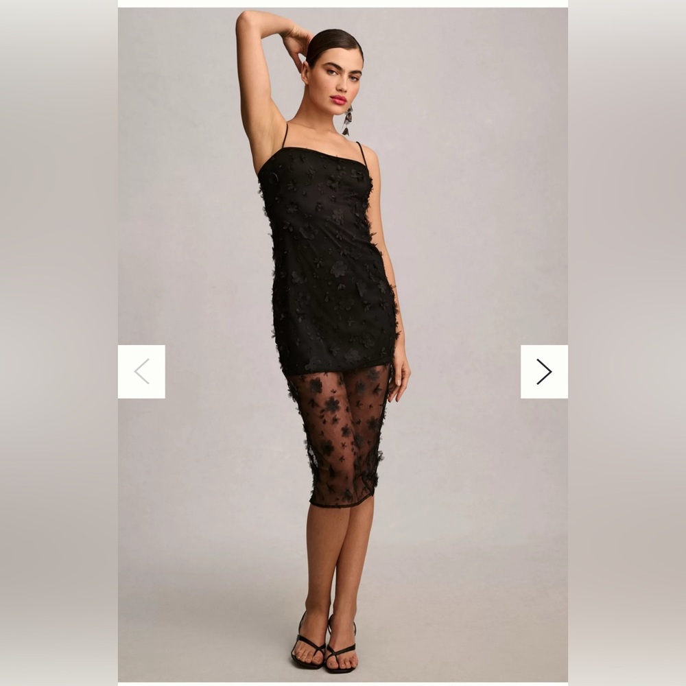 Maeve Sleeveless Black Mesh Slip Midi Dress with mesh floral details.